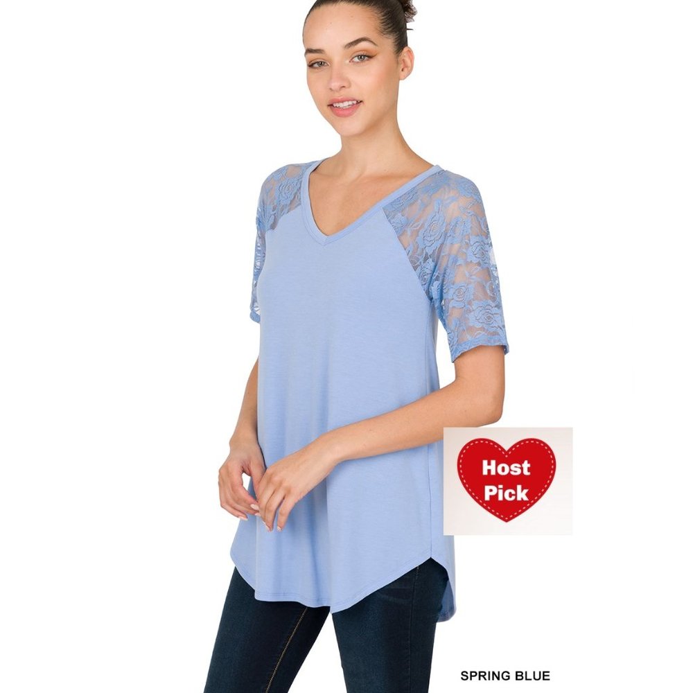 Short Sleeves Top - Spring Blue Color - Lace Sleeves - Round Hem